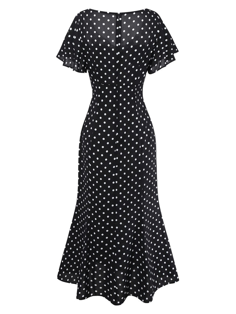 Vintage Black Polka Dot Dress | White Lace Yoke Flutter Sleeve Midi Dress Vintage Black Polka Dot Dress | White Lace Yoke Flutter Sleeve Midi Dress