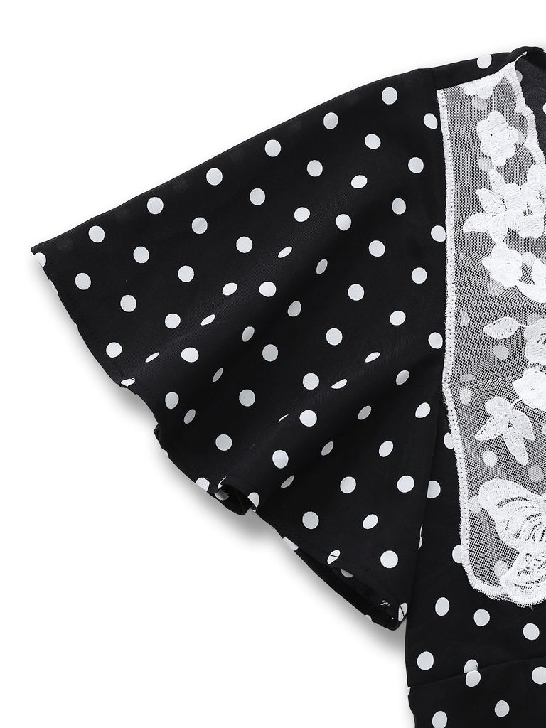 Black 1930s Lace Trim Polka Dot Dress - vintage dress, retro fashion, classic black