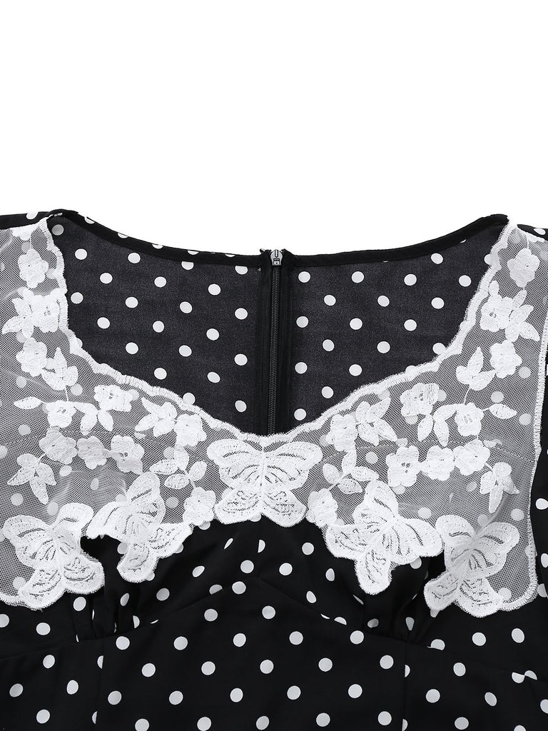 Vintage Black Polka Dot Dress | White Lace Yoke Flutter Sleeve Midi Dress Vintage Black Polka Dot Dress | White Lace Yoke Flutter Sleeve Midi Dress