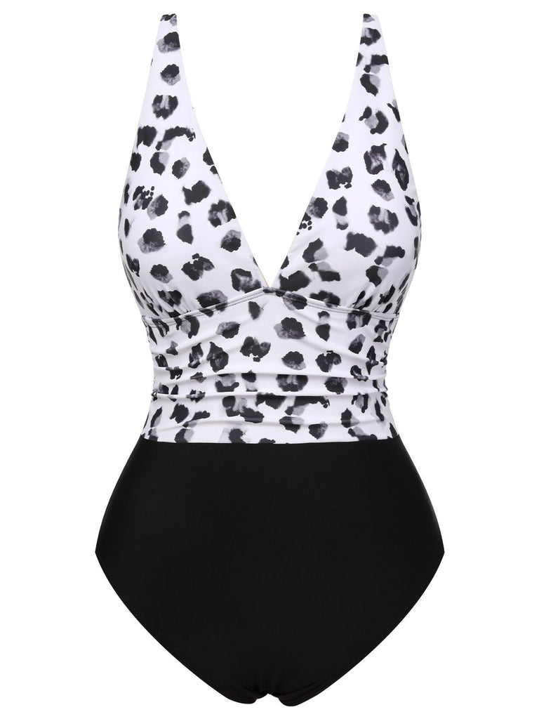 Black 1930s Leopard Patchwork V-Neck Swimsuit, vintage swimsuit, pin-up swimwear - perfect for women who love vintage and retro fashion