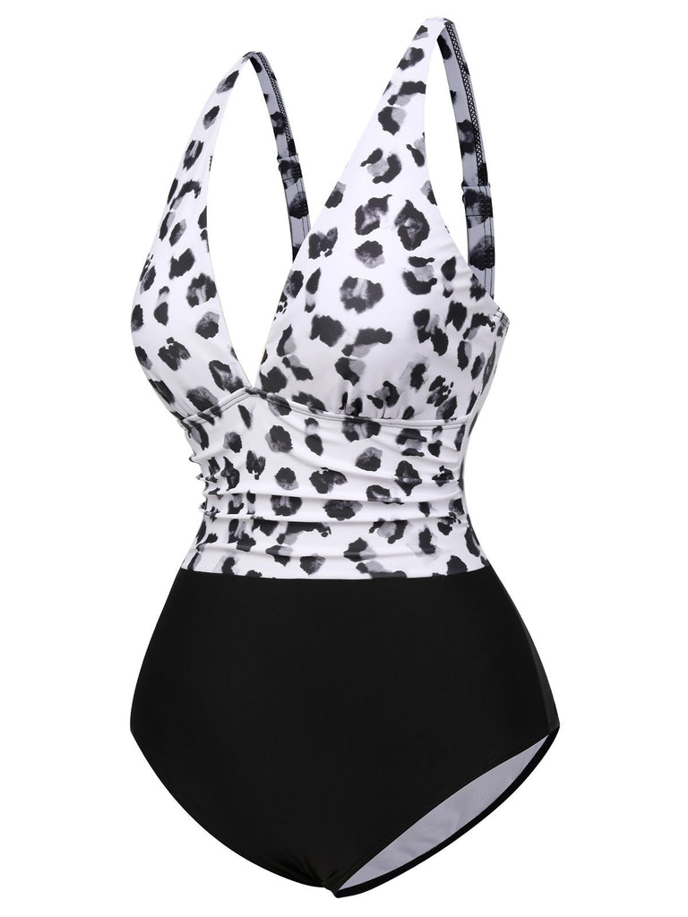 Black 1930s Leopard Patchwork V-Neck Swimsuit, vintage swimsuit, pin-up swimwear - perfect for women who love vintage and retro fashion