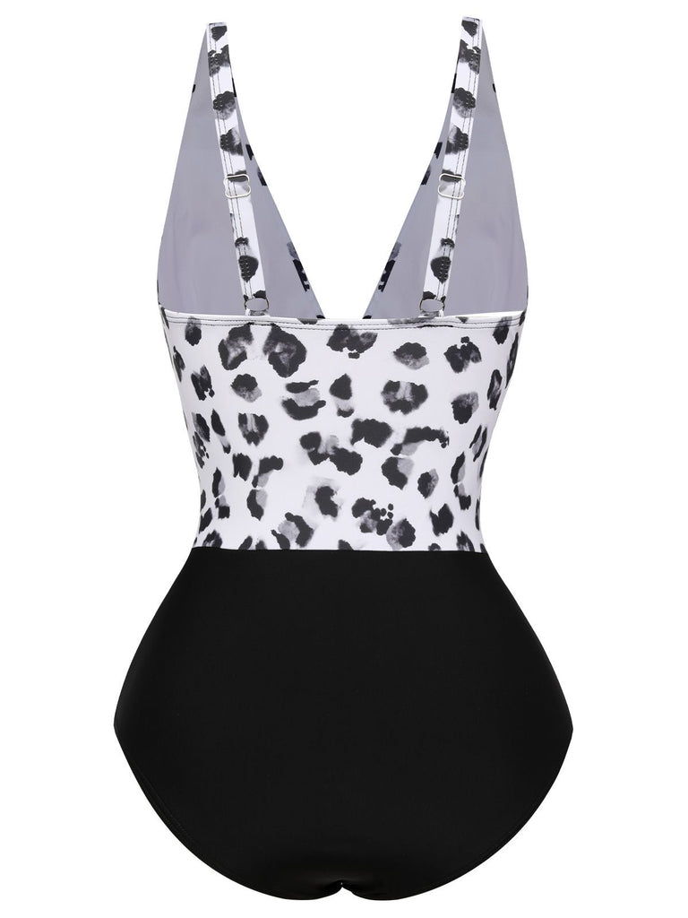 Black 1930s Leopard Patchwork V-Neck Swimsuit, vintage swimsuit, pin-up swimwear - perfect for women who love vintage and retro fashion