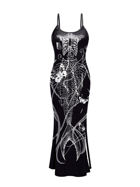 mermaid skeleton maxi dress Black 1930s Mermaid Skeleton Spaghetti Straps Dress