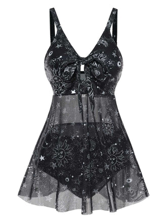 She slips into this Black 1930s Mesh Hollow-Out Sun Moon Print Swimdress and suddenly it's a 1930s daydream