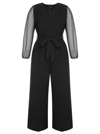 Black 1930s Mesh Lantern Sleeve Belted Jumpsuit: 1930s detail work for the woman who notices