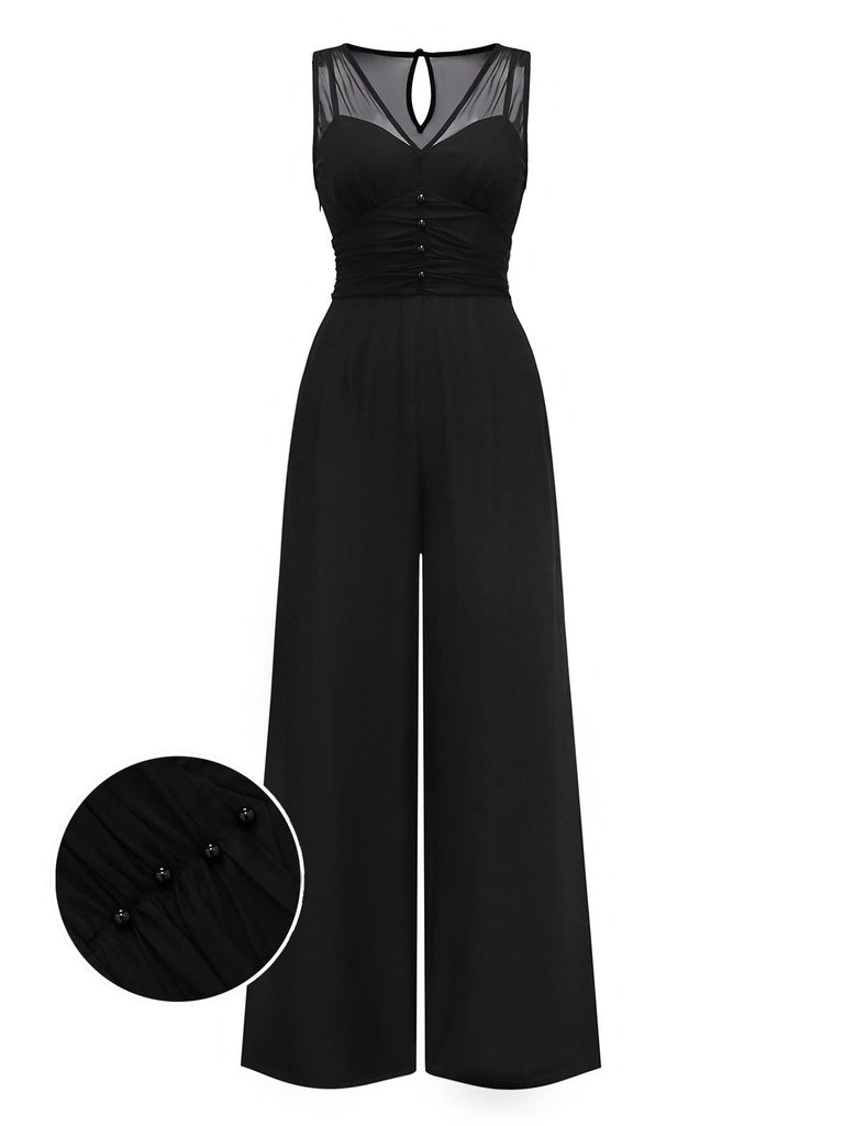 Black 1930s Mesh Pleated Patchwork Jumpsuit - vintage jumpsuit, retro fashion, classic black