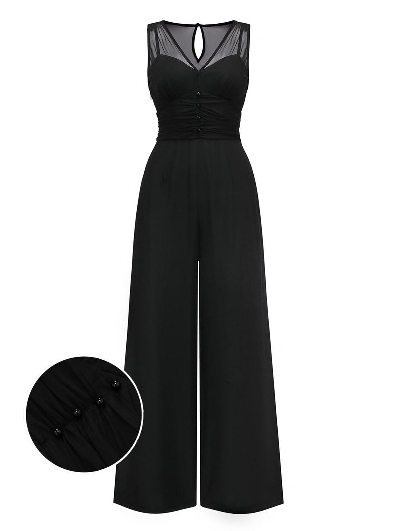 Black 1930s Mesh Pleated Patchwork Jumpsuit | Retro Stage