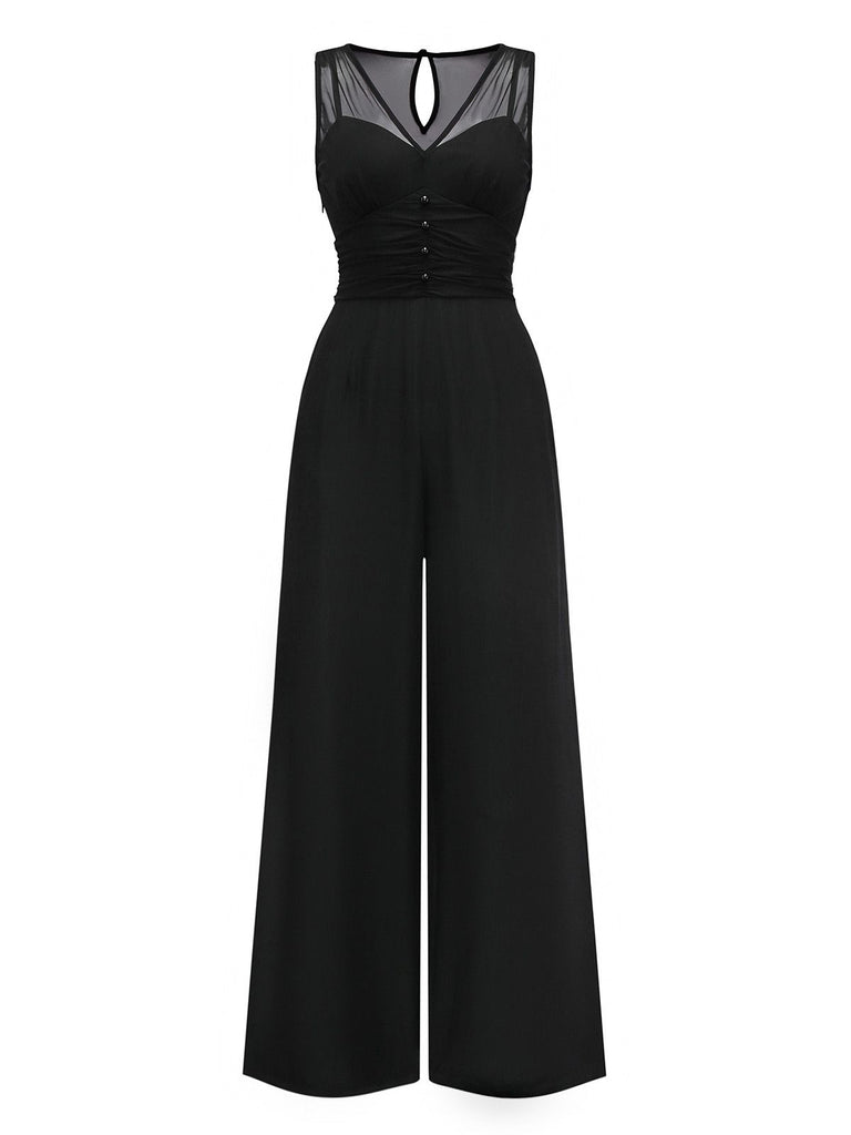 Black 1930s Mesh Pleated Patchwork Jumpsuit - vintage jumpsuit, retro fashion, classic black