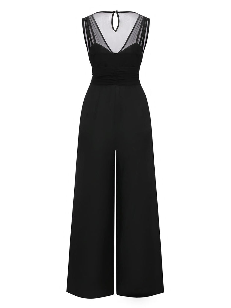 Black 1930s Mesh Pleated Patchwork Jumpsuit - vintage jumpsuit, retro fashion, classic black