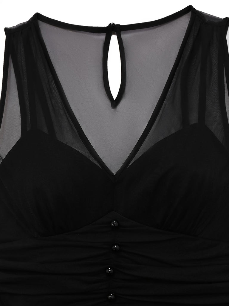 Black 1930s Mesh Pleated Patchwork Jumpsuit - vintage jumpsuit, retro fashion, classic black