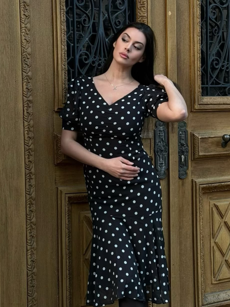 Black 1930s Polka Dot Mermaid Dress - vintage dress, retro fashion, classic black