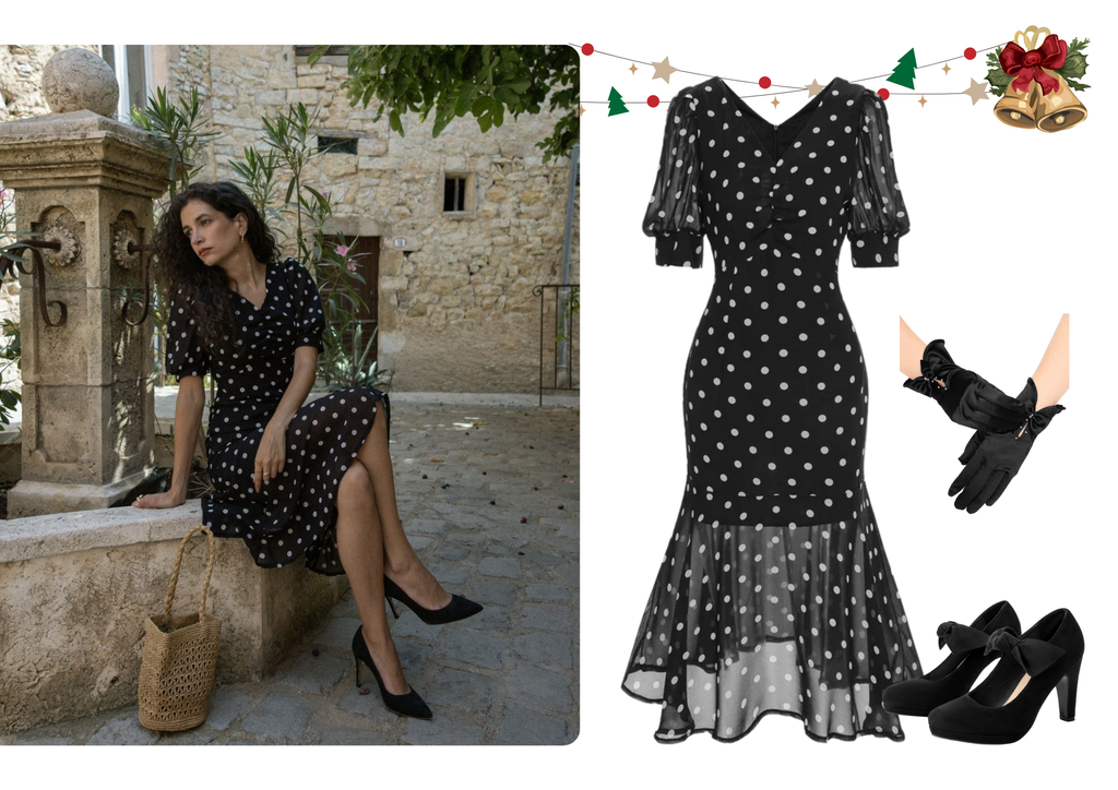 She slips into this Black 1930s Polka Dot Mermaid Dress and suddenly it's a 1930s daydream