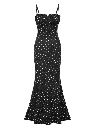 She slips into this Black 1930s Polka Dots Backless Mermaid Maxi Dress and suddenly it's a 1930s daydream