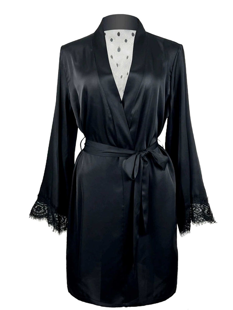Black 1930s Polka Dots Lace Satin Robes - vintage fashion, retro style, classic black