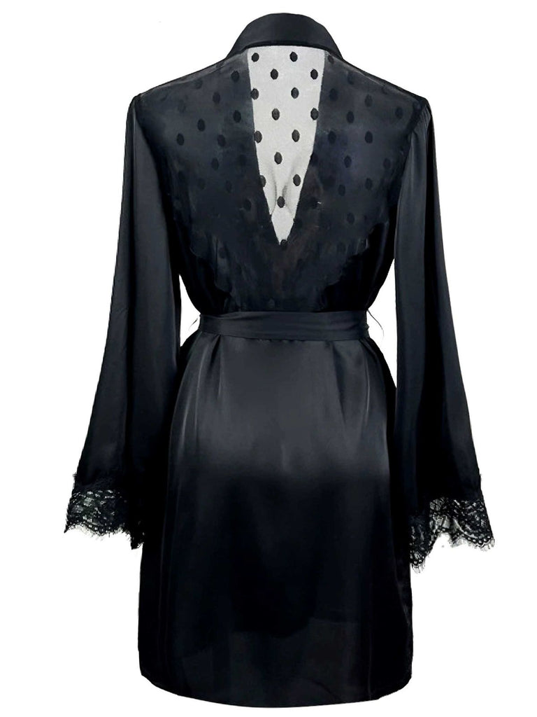 Black 1930s Polka Dots Lace Satin Robes - vintage fashion, retro style, classic black
