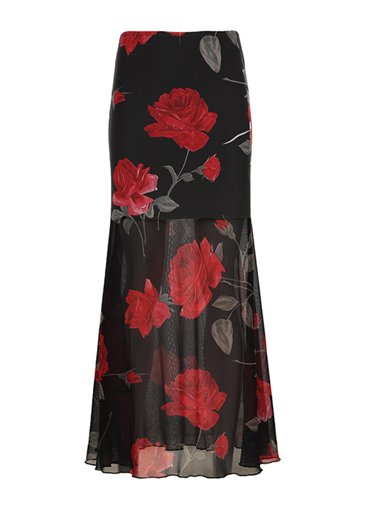 Black 1930s Rose Sheer Maxi Mermaid Skirt - vintage skirt, retro style, classic black
