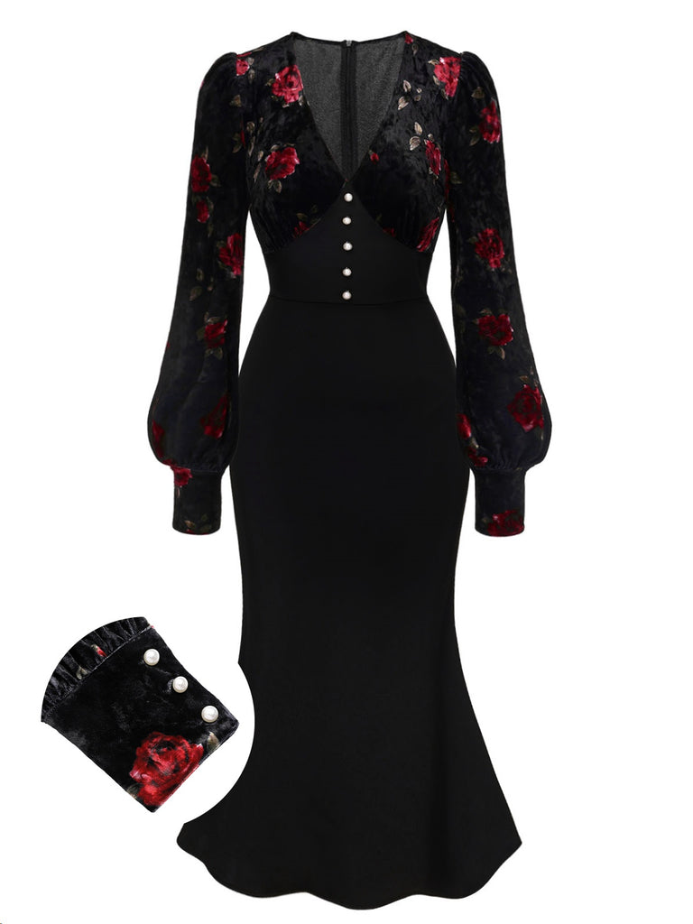 how to dress semi formal men Black 1930s Rose Velvet Fishtail Dress