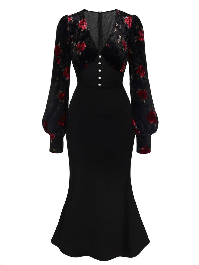 Black 1930s Rose Velvet Fishtail Dress: where 1930s romance meets her modern spirit