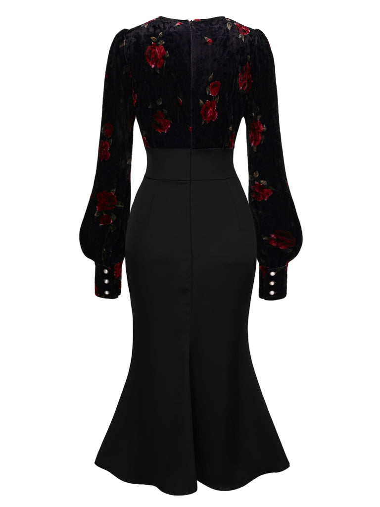 Retro Stage Velvet Rose Print Mermaid Midi Dress Deep V-Neck Puff Sleeve