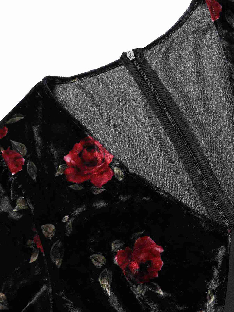 Retro Stage Velvet Rose Print Mermaid Midi Dress Deep V-Neck Puff Sleeve Retro Stage Velvet Rose Print Mermaid Midi Dress Deep V-Neck Puff Sleeve