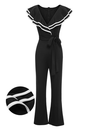 Black 1930s Ruffle Lapel Bootcut Jumpsuit, vintage romper, retro jumpsuit - perfect for women who love vintage and retro fashion