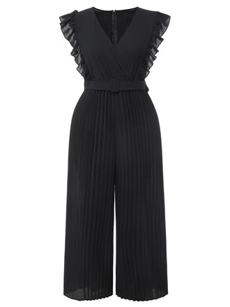 Black 1930s Ruffle V-Neck Pleated Jumpsuit: timeless 1930s elegance she makes her own