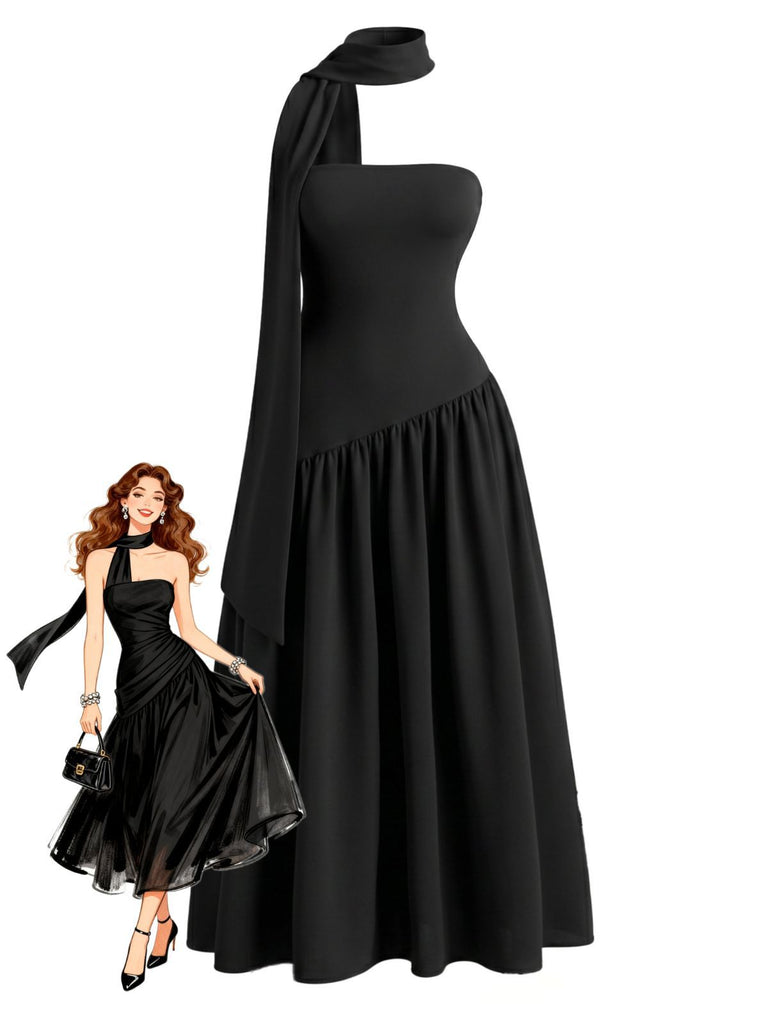 Black 1930s Scarf Neck Strapless Asymmetric Maxi Dress