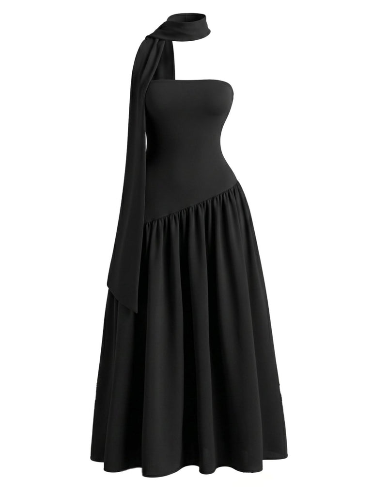 Black 1930s Scarf Neck Strapless Asymmetric Maxi Dress, vintage dress, retro fashion - perfect for women who love vintage and retro fashion