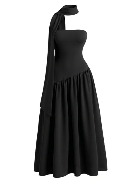 black dress neck scarf 1930s Strapless Asymmetric Maxi Do Not Bleach Women's Black Belted off-the-shoulder Feature: Moisture Wicking Size:14-14,5 US / 45