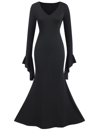 She slips into this Black 1930s Sold Batwing Cuffs Fishtail Dress and suddenly it's a 1930s daydream