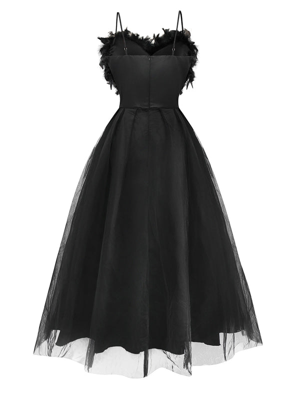 A-Line Black Feather Trim Tulle Formal Cocktail Dress Spaghetti Straps Pleated Tulle Bustier Midi Dress