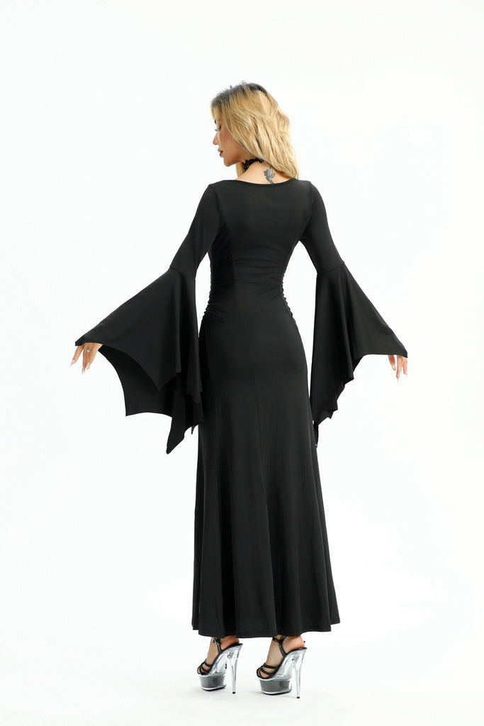 Black 1930s Solid Batwing Cuffs Fishtail Dress: where 1930s romance meets her modern spirit