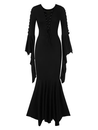 Black 1930s Solid Batwing Lace-Up Fishtail Dress, vintage dress, retro fashion, lace detail - perfect for women who love vintage and retro fashion