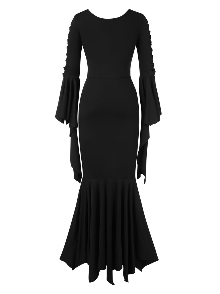 Black 1930s Solid Batwing Lace-Up Fishtail Dress, vintage dress, retro fashion, lace detail - perfect for women who love vintage and retro fashion