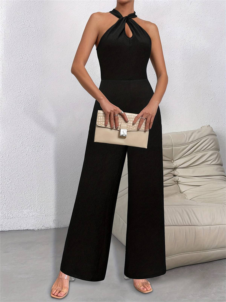 This Black 1930s Solid Halter Sleeveless Jumpsuit whispers 1930s secrets to those who notice
