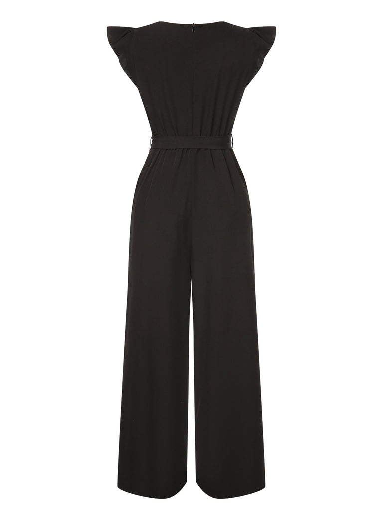 Black 1930s Solid Ruffle Sleeves Belted Jumpsuit, vintage romper, retro jumpsuit - perfect for women who love vintage and retro fashion