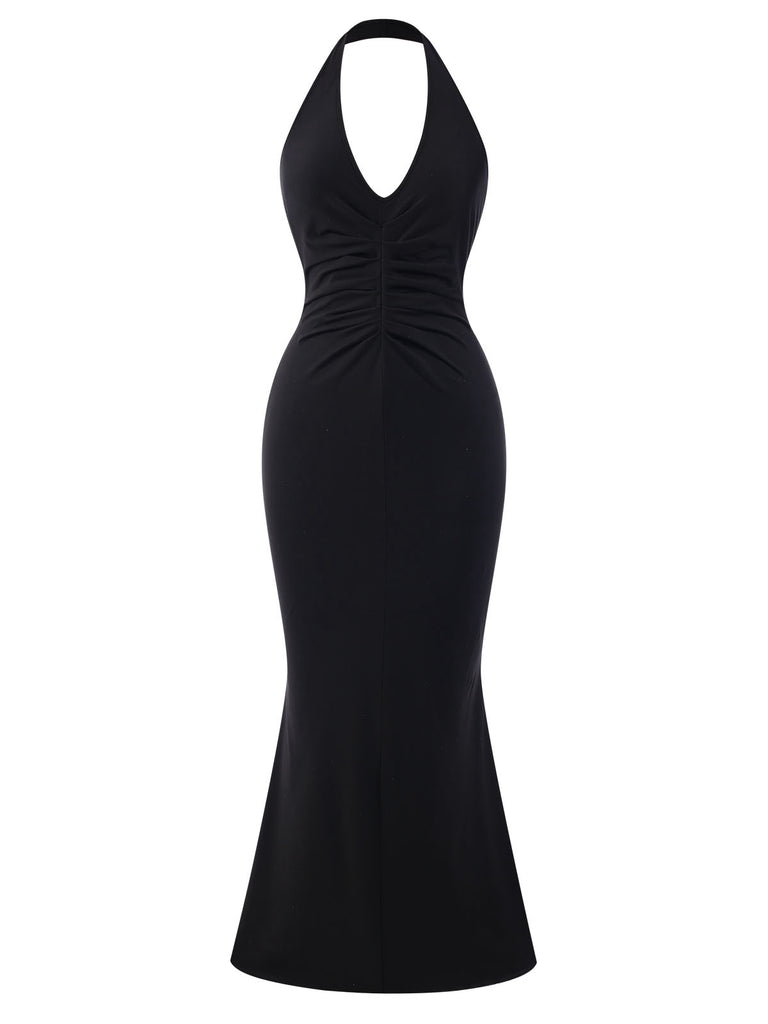 Black 1930s Solid V-Neck Halter Mermaid Dress, vintage dress, retro fashion - perfect for women who love vintage and retro fashion