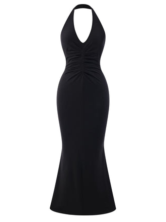 Black 1930s Solid V-Neck Halter Mermaid Dress, vintage dress, retro fashion - perfect for women who love vintage and retro fashion