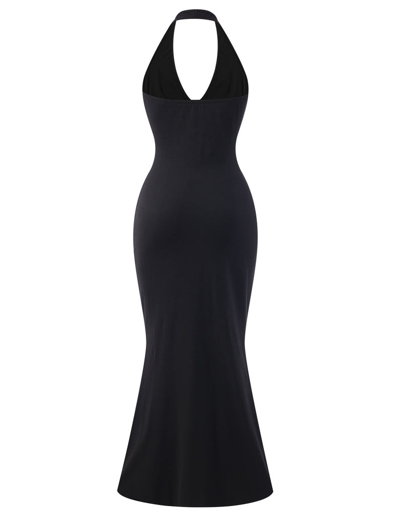 Black 1930s Solid V-Neck Halter Mermaid Dress, vintage dress, retro fashion - perfect for women who love vintage and retro fashion
