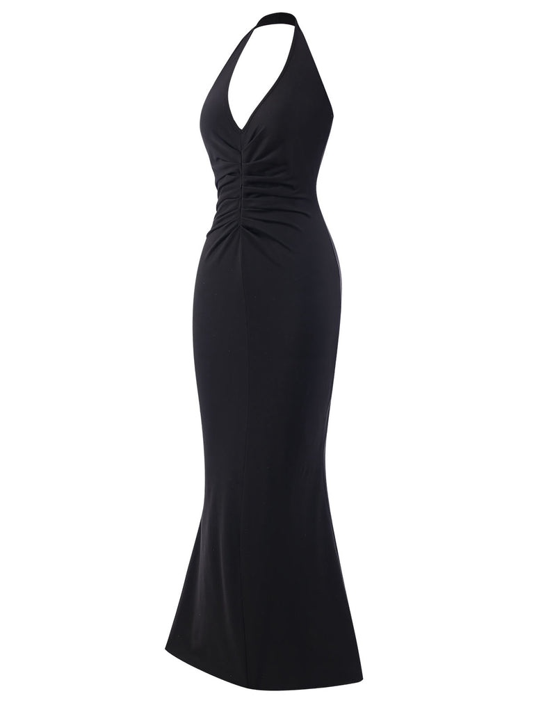 Black 1930s Solid V-Neck Halter Mermaid Dress, vintage dress, retro fashion - perfect for women who love vintage and retro fashion