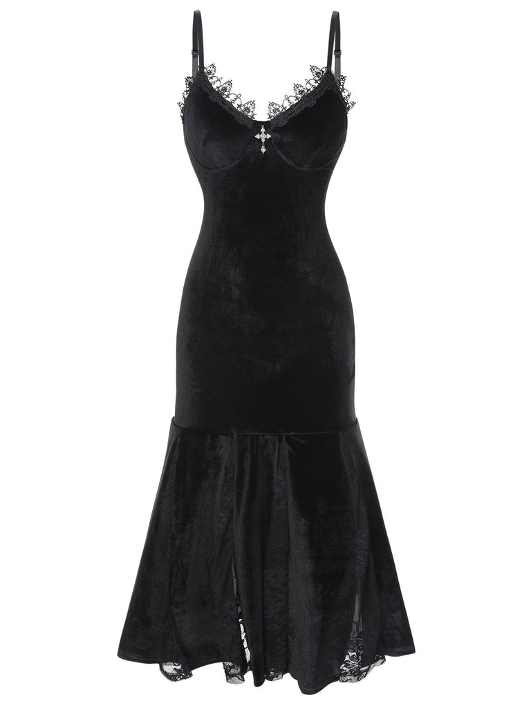 Black 1930s Spaghetti Strap Cross Lace Dress | Retro Stage