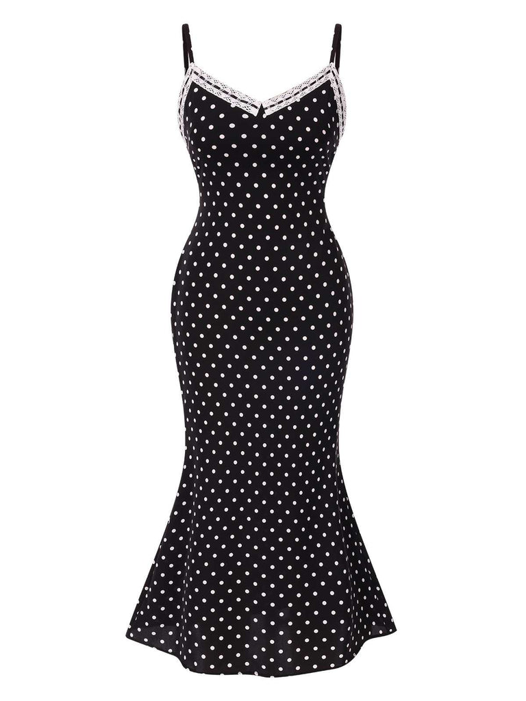 Black 1930s Spaghetti Strap Polka Dots Mermaid Dress: where 1930s romance meets her modern spirit