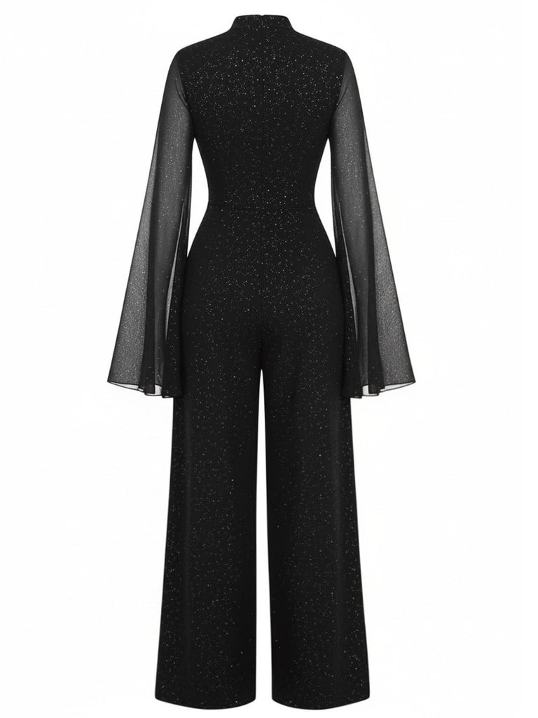 Black 1930s Sparkly Cutout Jumpsuit with Cape | Retro Stage