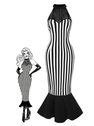 She slips into this Black 1930s Spiderweb Mesh Stripe Fishtail Dress and suddenly it's a 1930s daydream