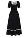 Black 1930s Square Neck Lace-Up Puff Sleeve Dress, vintage dress, retro fashion, lace detail - perfect for women who love vintage and retro fashion