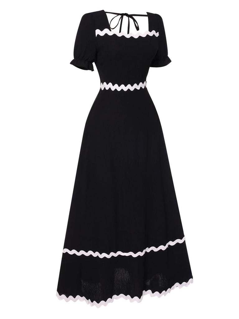 Black 1930s Square Neck Lace-Up Puff Sleeve Dress, vintage dress, retro fashion, lace detail - perfect for women who love vintage and retro fashion