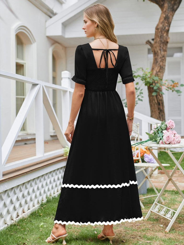 Black 1930s Square Neck Lace-Up Puff Sleeve Dress | Retro Stage Black 1930s Square Neck Lace-Up Puff Sleeve Dress | Retro Stage