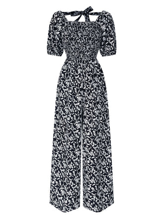 Black 1930s Square Neck Puff Floral Jumpsuit, vintage romper, retro jumpsuit - perfect for women who love vintage and retro fashion
