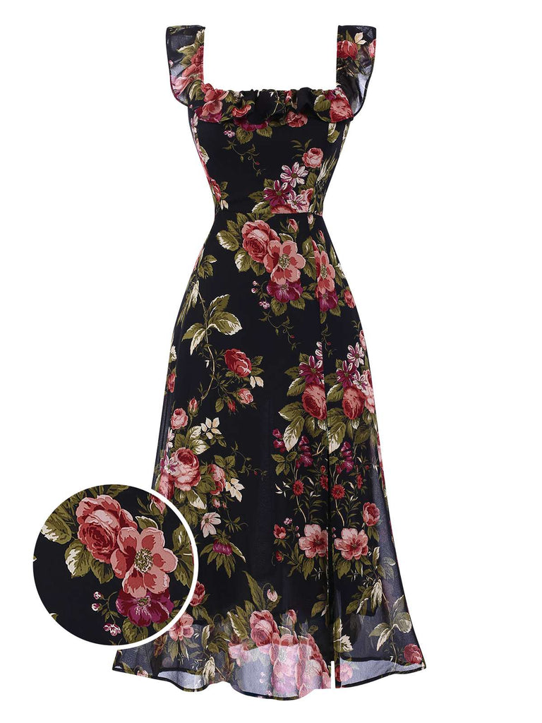 She slips into this Black 1930s Square Neck Ruffled Floral Dress and suddenly it's a 1930s daydream