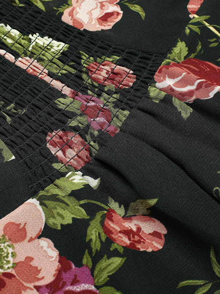 Black 1930s Square Neck Ruffled Floral Dress, vintage dress, retro fashion, floral print - perfect for women who love vintage and retro fashion